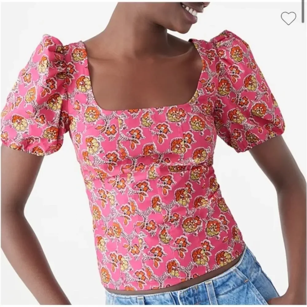 J. Crew Puff-sleeve squareneck top in Ratti® pink blooms print
